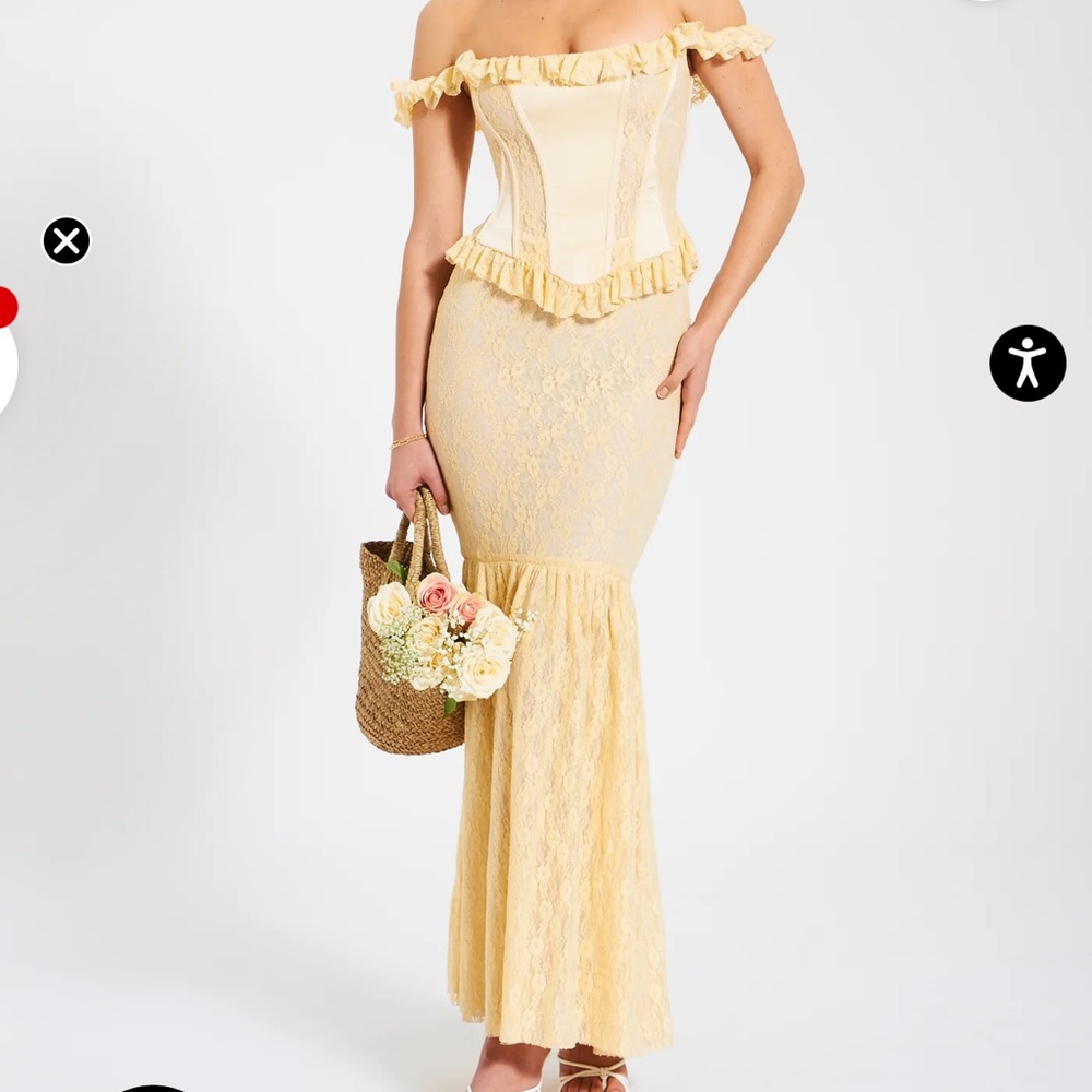 Ersilia Pale Yellow Satin Lace Peplum Corset Off Shoulder Maxi Dress